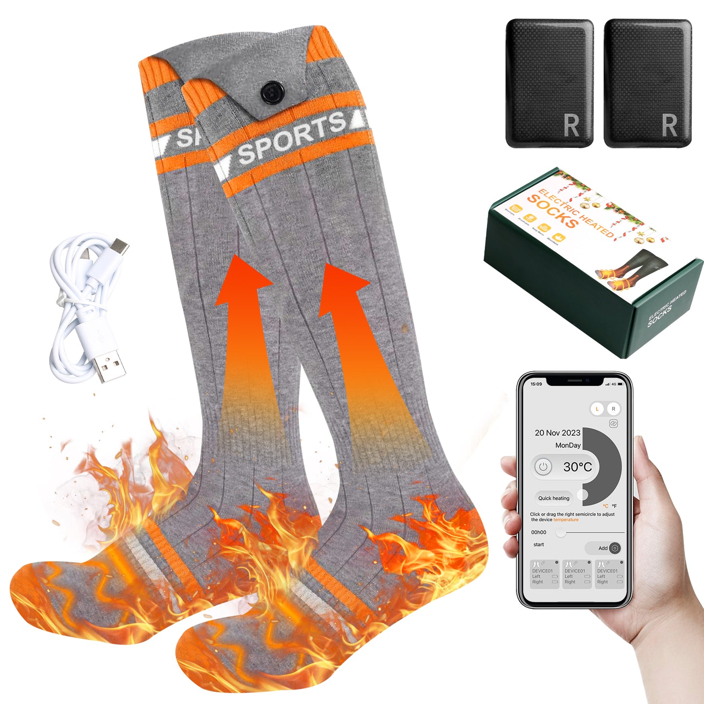 Electric Heated Socks with APP Control and 2Pcs Rechargeable 5000mAh Battery for Men Women, Washable Heating Socks Foot Warmer for Winter Hunting Fishing Winter Skiing Outdoors