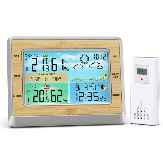 Weather Station Wireless Indoor Outdoor Thermometer, 6" Display Temperature and Humidity Monitor with Alarm clock, Alert, Weather Forecast and Barometric Pressure Function