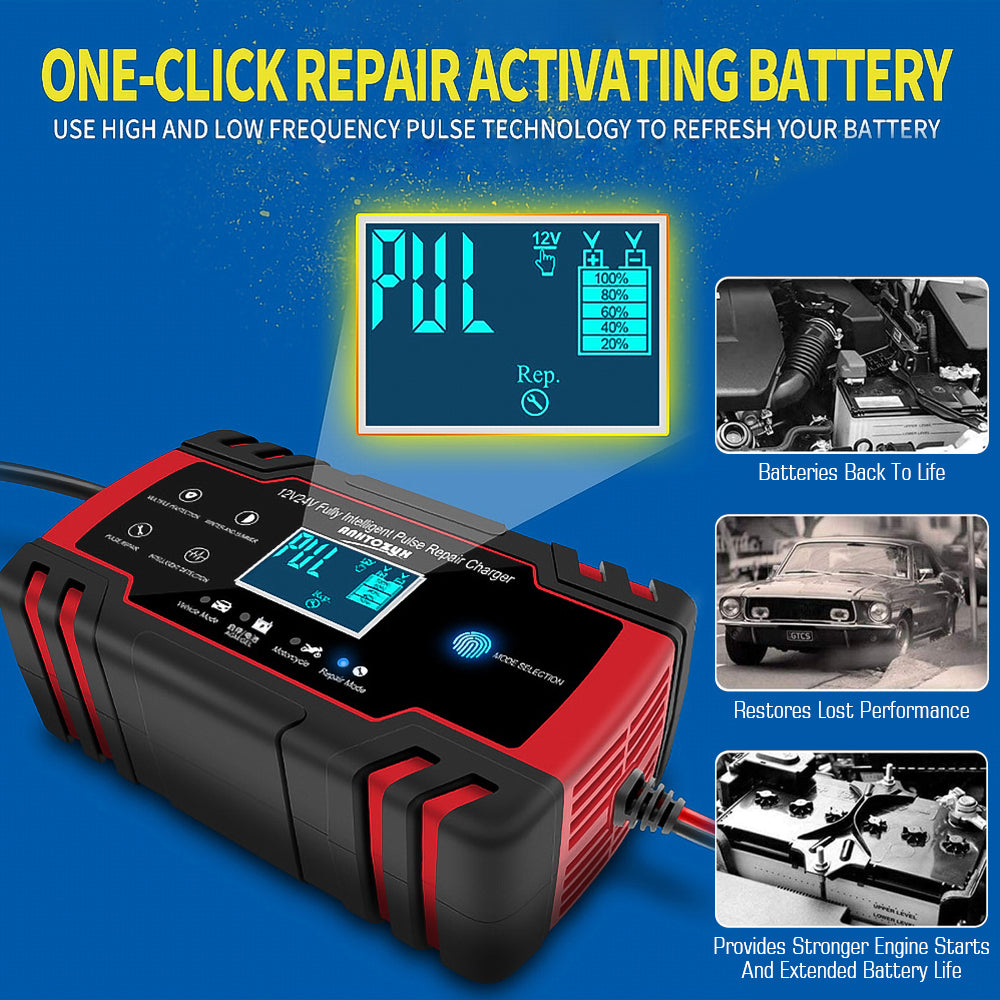 8 Amp Waterproof Battery Charger designed for Automotive and Marine use, featuring a clear LCD Digital Display and IP65 Protection.