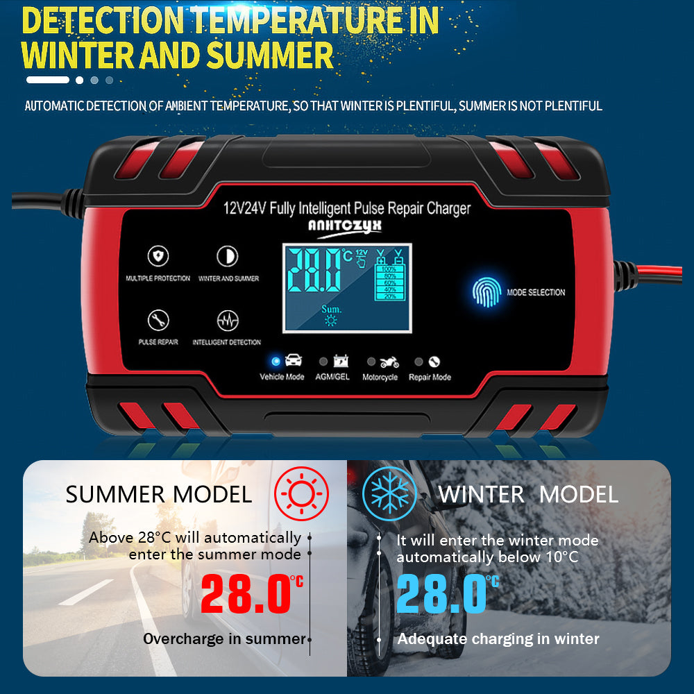 8 Amp Waterproof Battery Charger designed for Automotive and Marine use, featuring a clear LCD Digital Display and IP65 Protection.