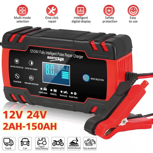 8 Amp Waterproof Battery Charger designed for Automotive and Marine use, featuring a clear LCD Digital Display and IP65 Protection.